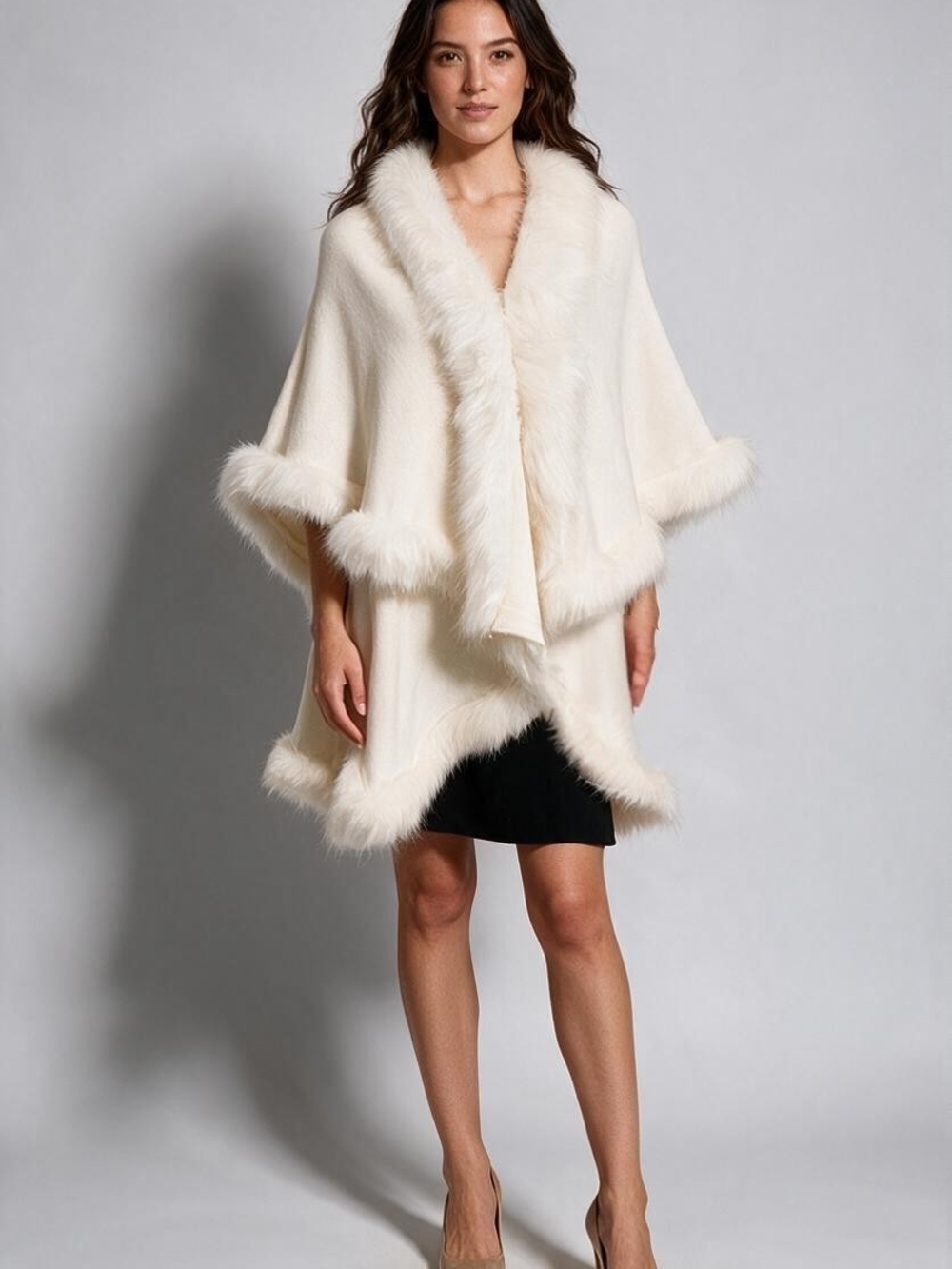 NWT ZLYC Ivory Knit Faux Fur Trim Layers Draped Poncho Cape Wrap OS